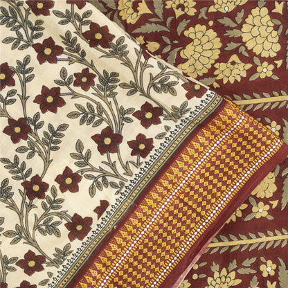 Sanskriti Vintage Sarees Ivory Pure Cotton Floral Printed Sari 5+yd Craft Fabric