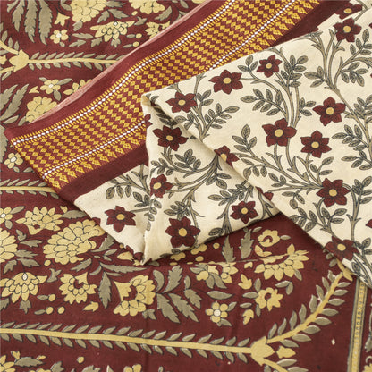 Sanskriti Vintage Sarees Ivory Pure Cotton Floral Printed Sari 5+yd Craft Fabric