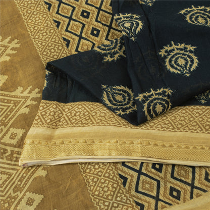 Sanskriti Vintage Sarees Black Pure Cotton Print Woven Border Sari 5+yd Fabric