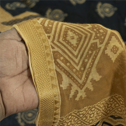 Sanskriti Vintage Sarees Black Pure Cotton Print Woven Border Sari 5+yd Fabric