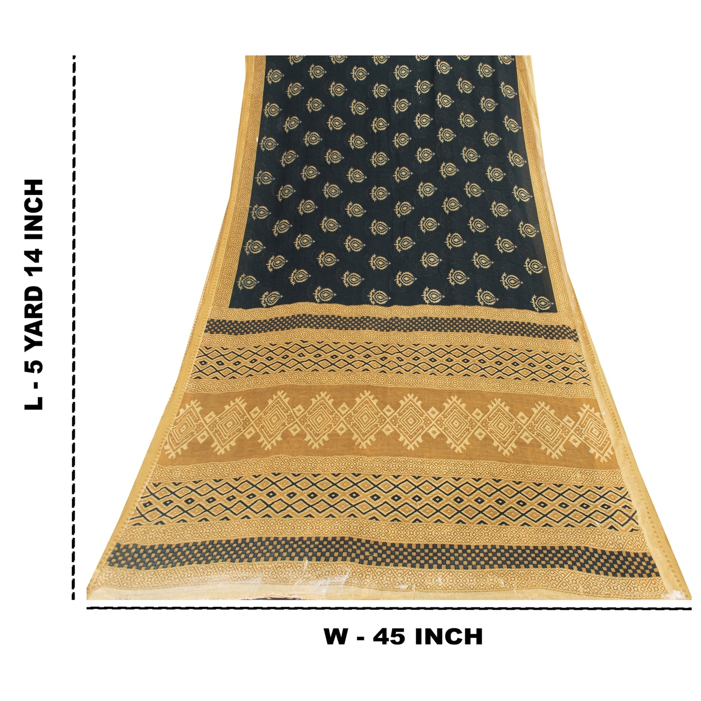 Sanskriti Vintage Sarees Black Pure Cotton Print Woven Border Sari 5+yd Fabric