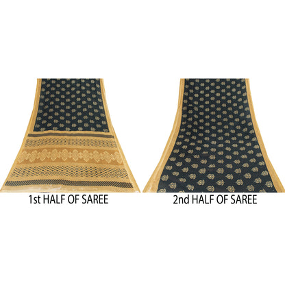 Sanskriti Vintage Sarees Black Pure Cotton Print Woven Border Sari 5+yd Fabric