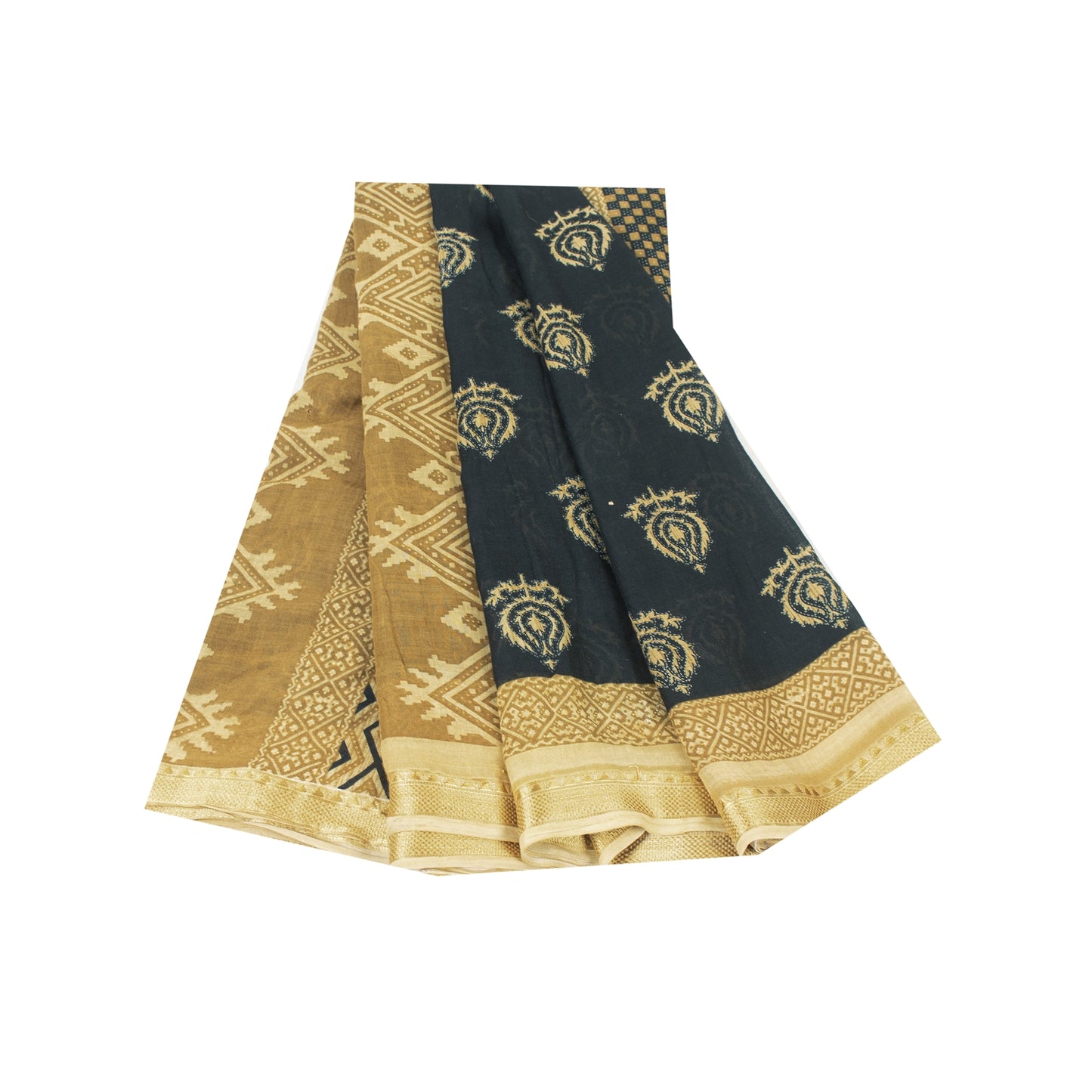 Sanskriti Vintage Sarees Black Pure Cotton Print Woven Border Sari 5+yd Fabric