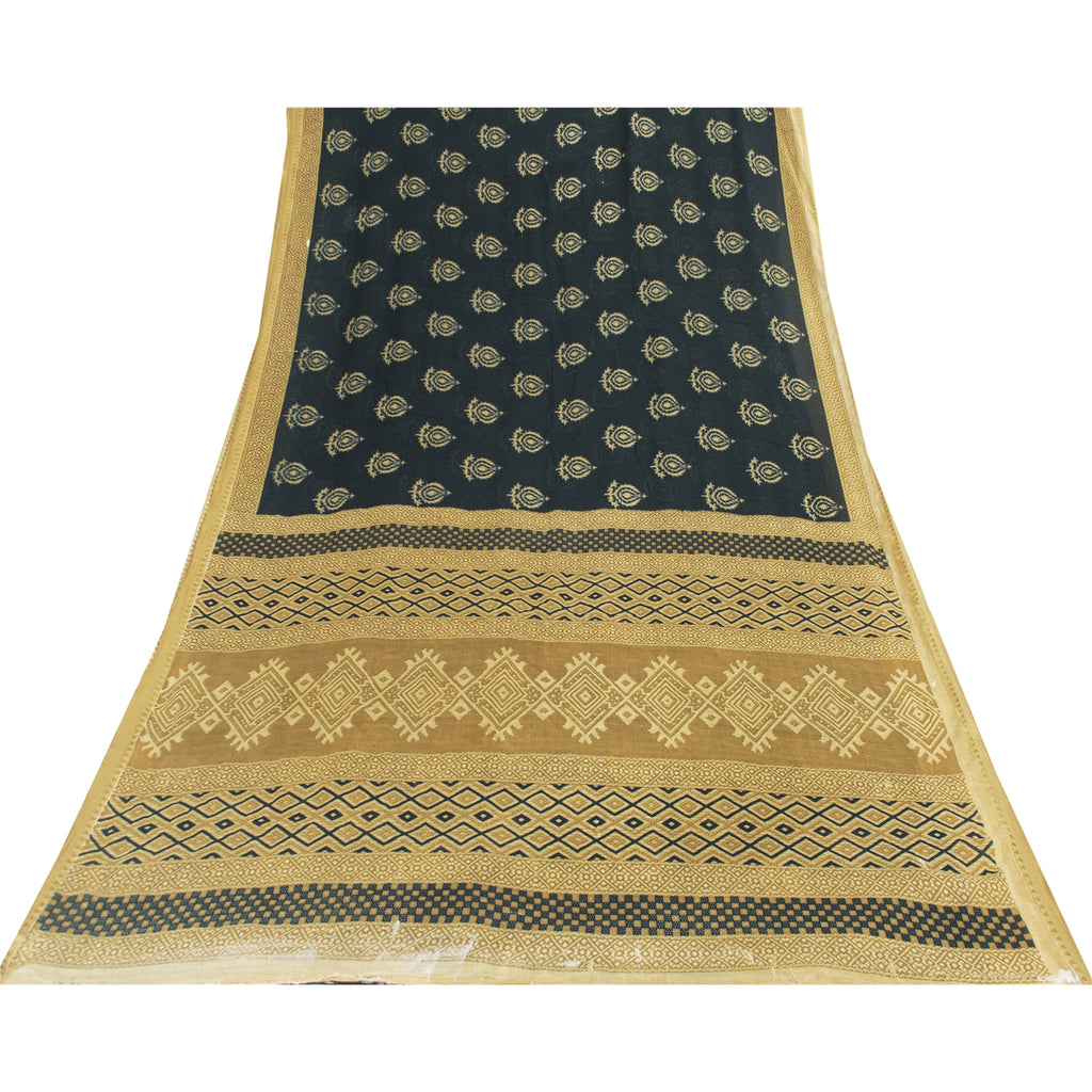 Sanskriti Vintage Sarees Black Pure Cotton Print Woven Border Sari 5+yd Fabric