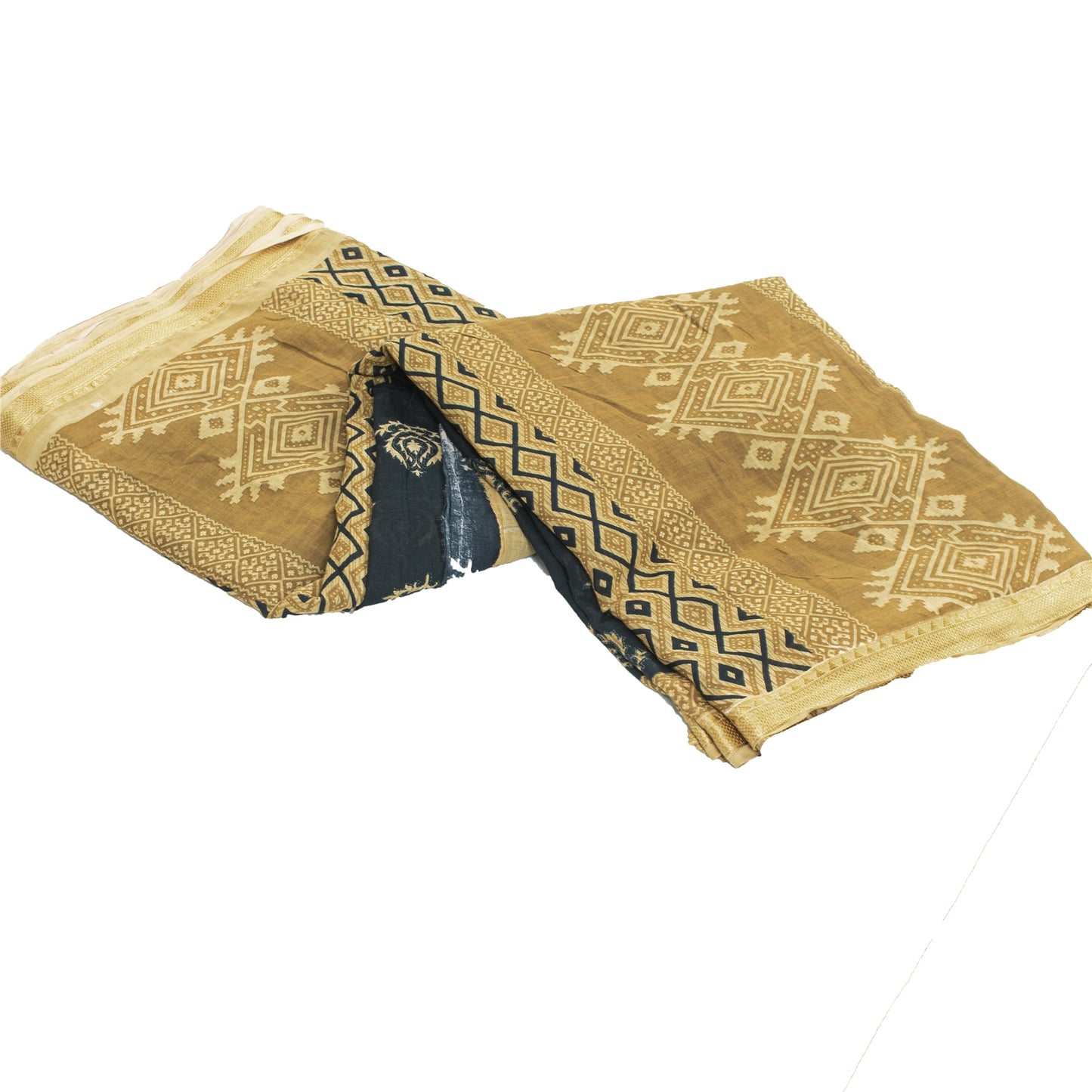 Sanskriti Vintage Sarees Black Pure Cotton Print Woven Border Sari 5+yd Fabric