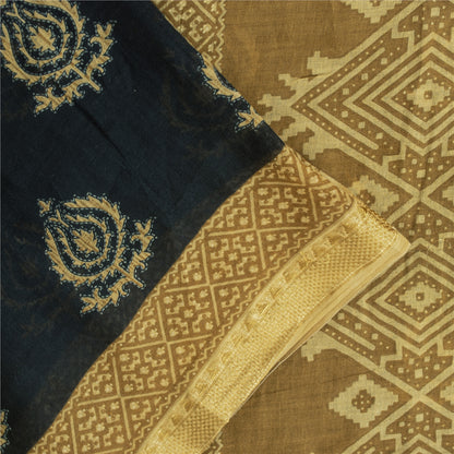 Sanskriti Vintage Sarees Black Pure Cotton Print Woven Border Sari 5+yd Fabric