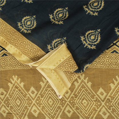 Sanskriti Vintage Sarees Black Pure Cotton Print Woven Border Sari 5+yd Fabric