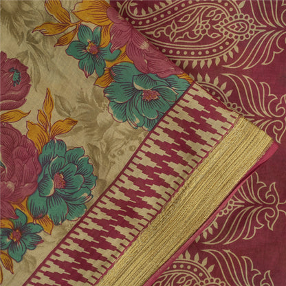 Sanskriti Vintage Sarees Indian Beige Pure Cotton Printed Sari 5+yd Craft Fabric