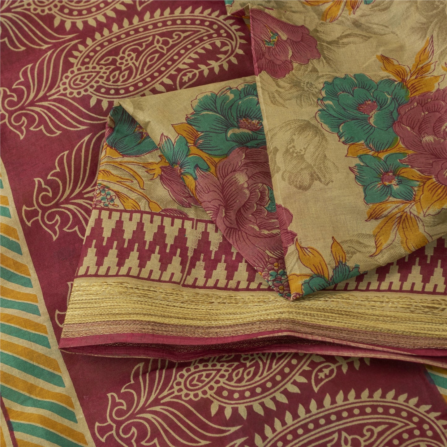 Sanskriti Vintage Sarees Indian Beige Pure Cotton Printed Sari 5+yd Craft Fabric