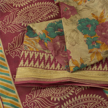 Sanskriti Vintage Sarees Indian Beige Pure Cotton Printed Sari 5+yd Craft Fabric