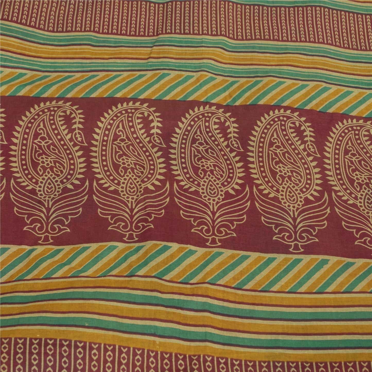 Sanskriti Vintage Sarees Indian Beige Pure Cotton Printed Sari 5+yd Craft Fabric