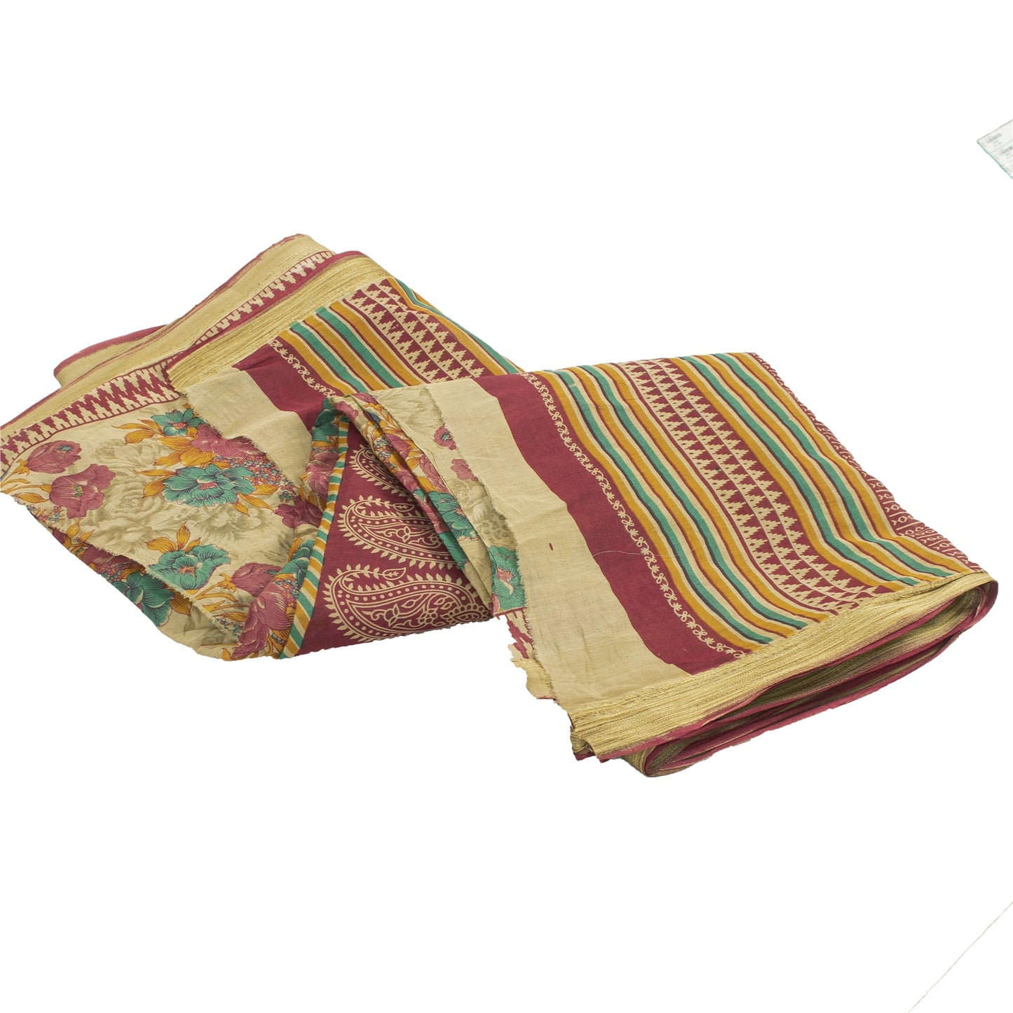 Sanskriti Vintage Sarees Indian Beige Pure Cotton Printed Sari 5+yd Craft Fabric