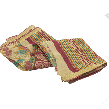 Sanskriti Vintage Sarees Indian Beige Pure Cotton Printed Sari 5+yd Craft Fabric