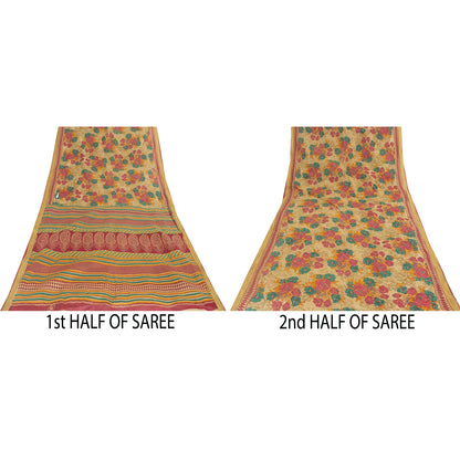 Sanskriti Vintage Sarees Indian Beige Pure Cotton Printed Sari 5+yd Craft Fabric