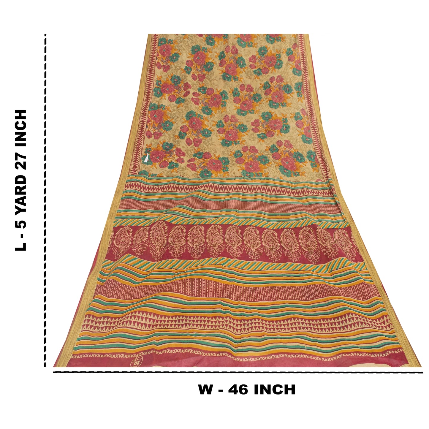 Sanskriti Vintage Sarees Indian Beige Pure Cotton Printed Sari 5+yd Craft Fabric