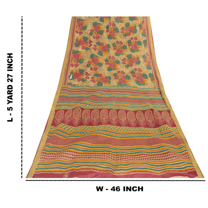 Sanskriti Vintage Sarees Indian Beige Pure Cotton Printed Sari 5+yd Craft Fabric