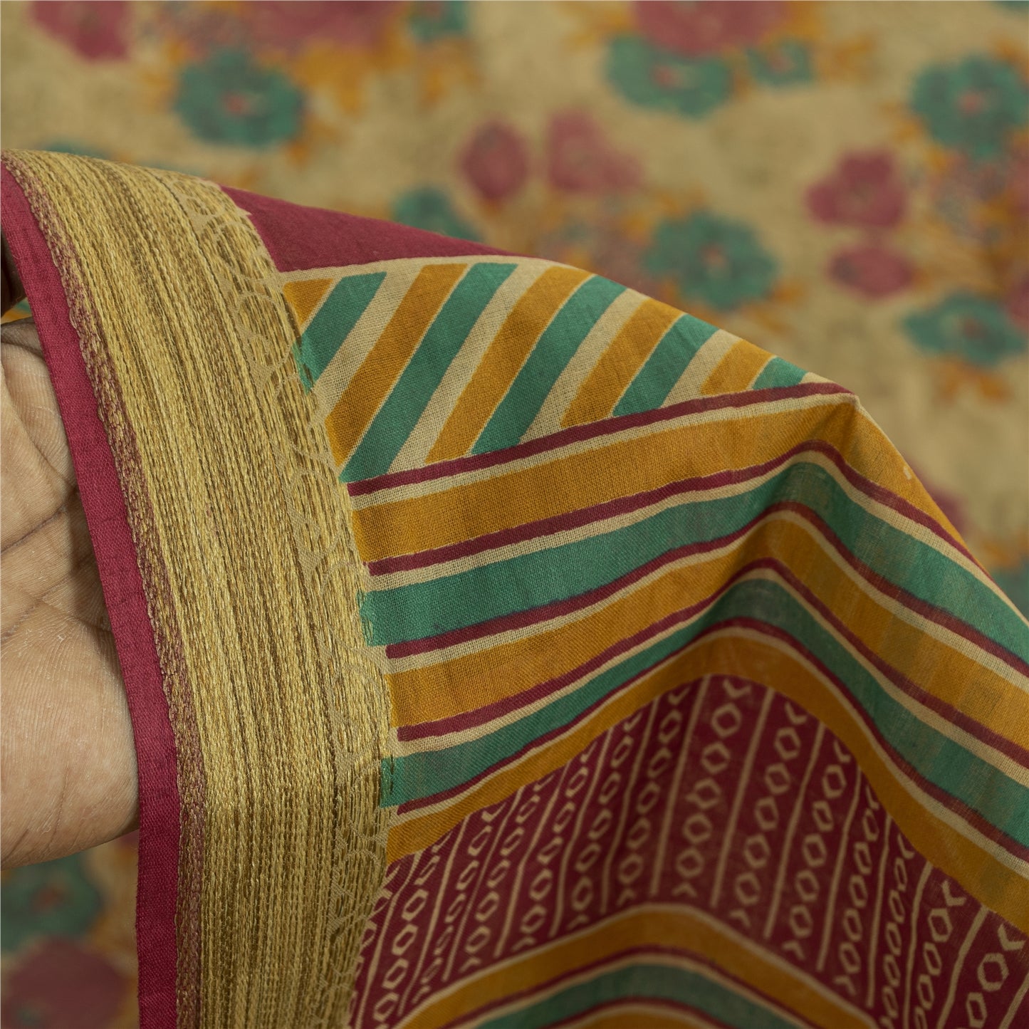 Sanskriti Vintage Sarees Indian Beige Pure Cotton Printed Sari 5+yd Craft Fabric