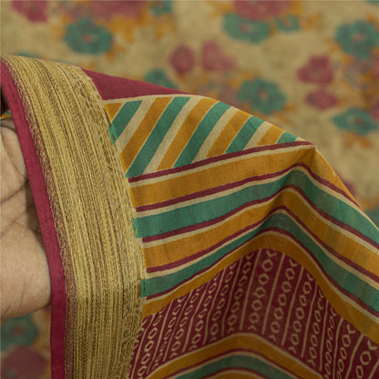 Sanskriti Vintage Sarees Indian Beige Pure Cotton Printed Sari 5+yd Craft Fabric