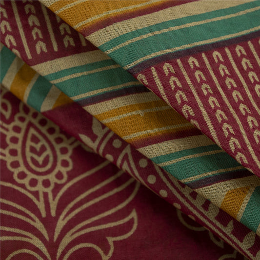 Sanskriti Vintage Sarees Indian Beige Pure Cotton Printed Sari 5+yd Craft Fabric