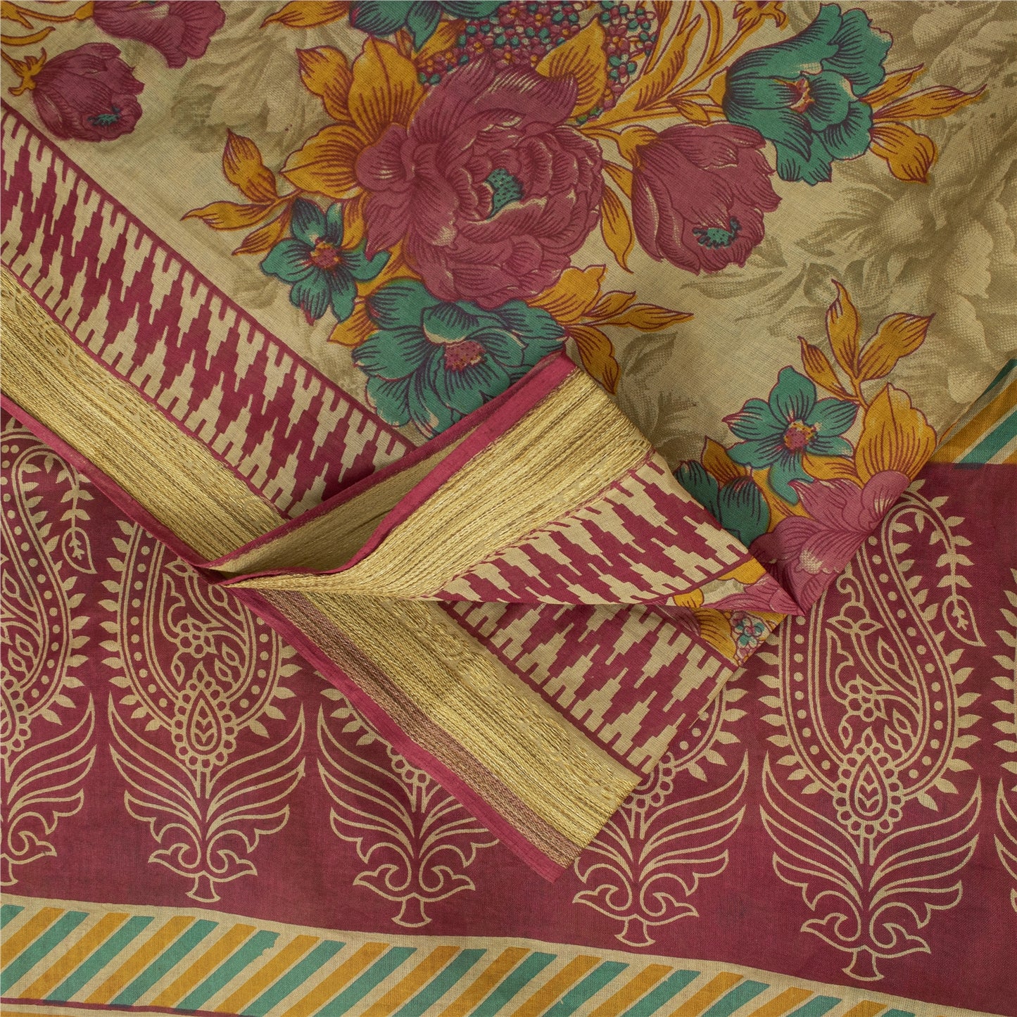 Sanskriti Vintage Sarees Indian Beige Pure Cotton Printed Sari 5+yd Craft Fabric