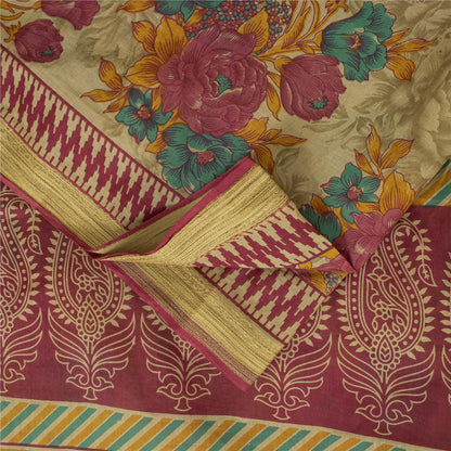 Sanskriti Vintage Sarees Indian Beige Pure Cotton Printed Sari 5+yd Craft Fabric