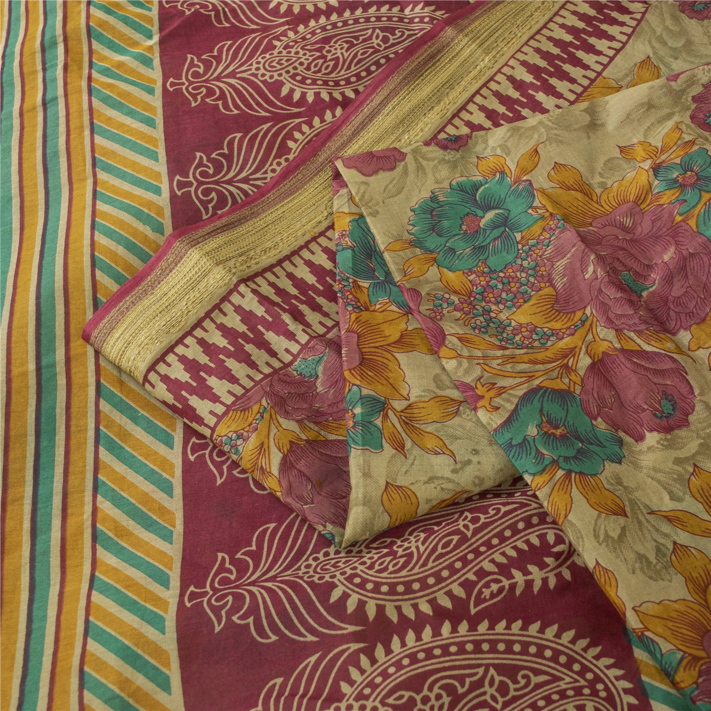 Sanskriti Vintage Sarees Indian Beige Pure Cotton Printed Sari 5+yd Craft Fabric