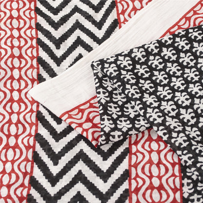 Sanskriti Vintage Sarees Black Pure Cotton Block Printed Sari 5+yd Craft Fabric