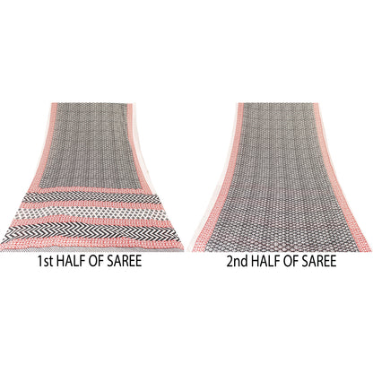 Sanskriti Vintage Sarees Black Pure Cotton Block Printed Sari 5+yd Craft Fabric