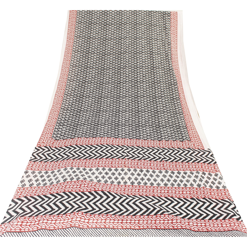 Sanskriti Vintage Sarees Black Pure Cotton Block Printed Sari 5+yd Craft Fabric