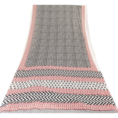 Sanskriti Vintage Sarees Black Pure Cotton Block Printed Sari 5+yd Craft Fabric