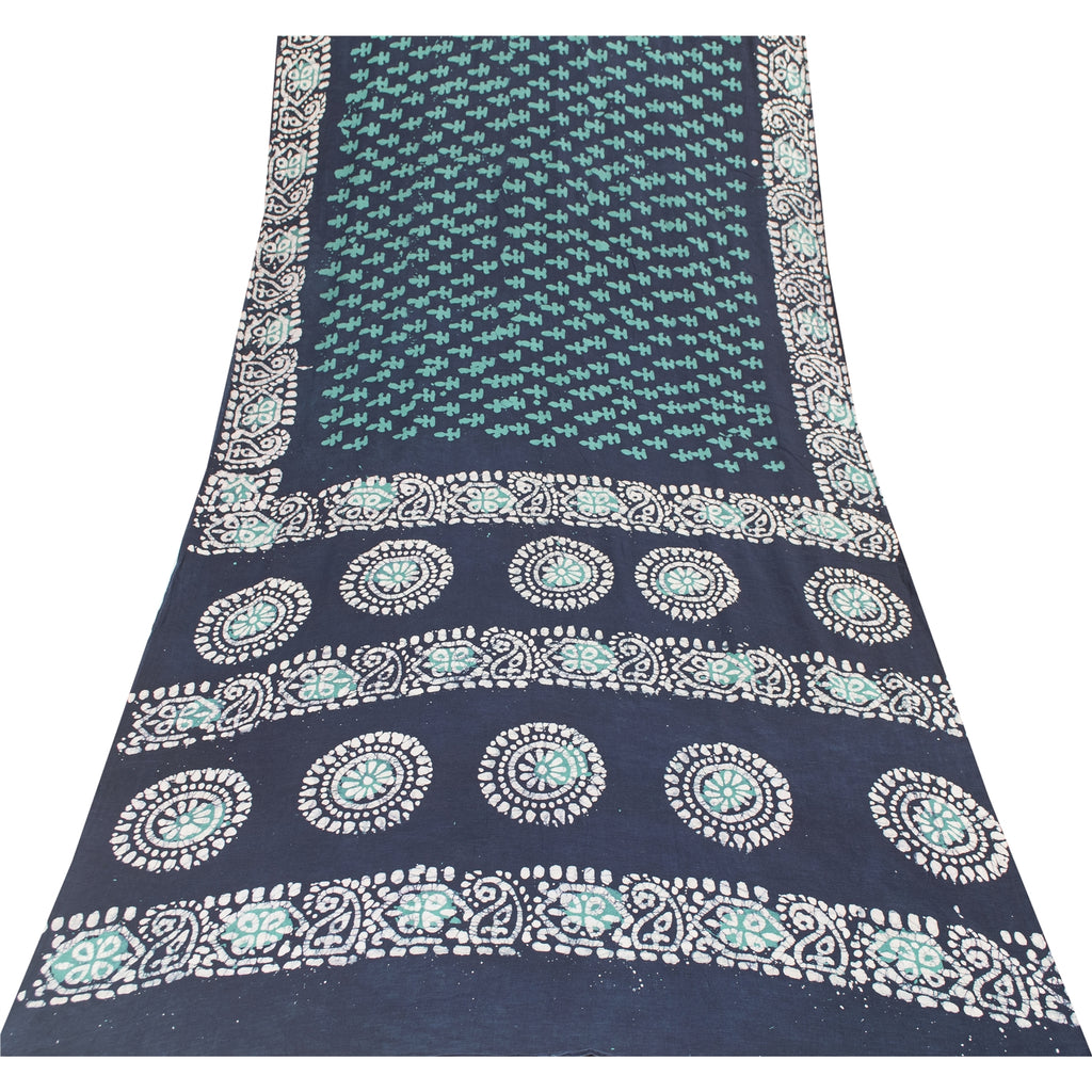 Sanskriti Vintage Sarees Blue 100% Pure Cotton Batik Work Sari 6+yd Craft Fabric