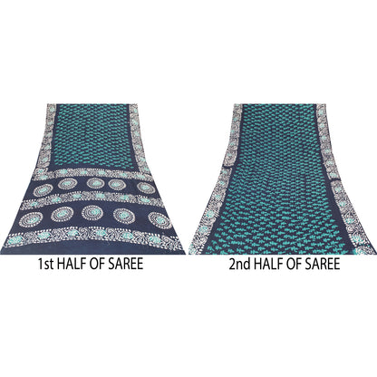 Sanskriti Vintage Sarees Blue 100% Pure Cotton Batik Work Sari 6+yd Craft Fabric