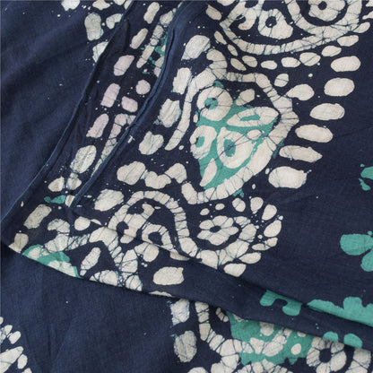 Sanskriti Vintage Sarees Blue 100% Pure Cotton Batik Work Sari 6+yd Craft Fabric