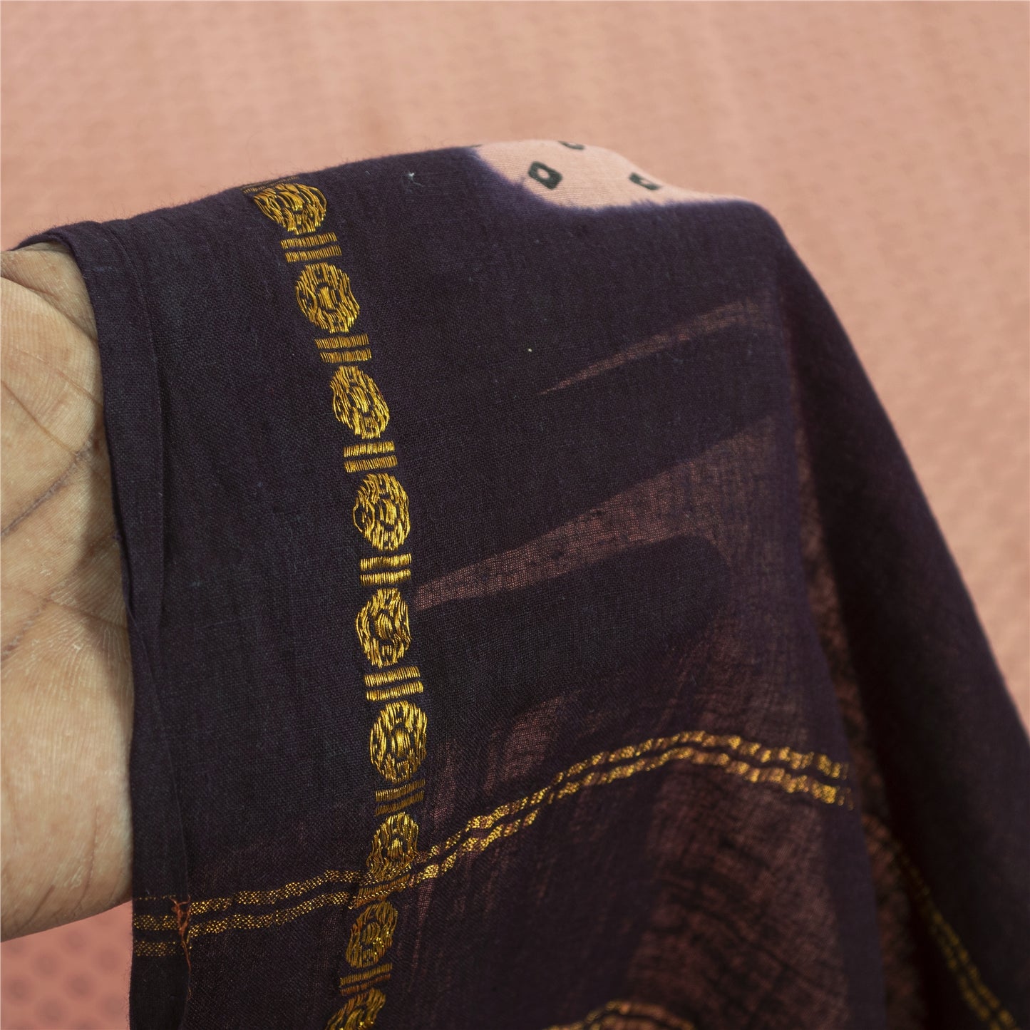 Sanskriti Vintage Sarees Pink & Purple Pure Cotton Print & ZariWoven 5+yd Fabric