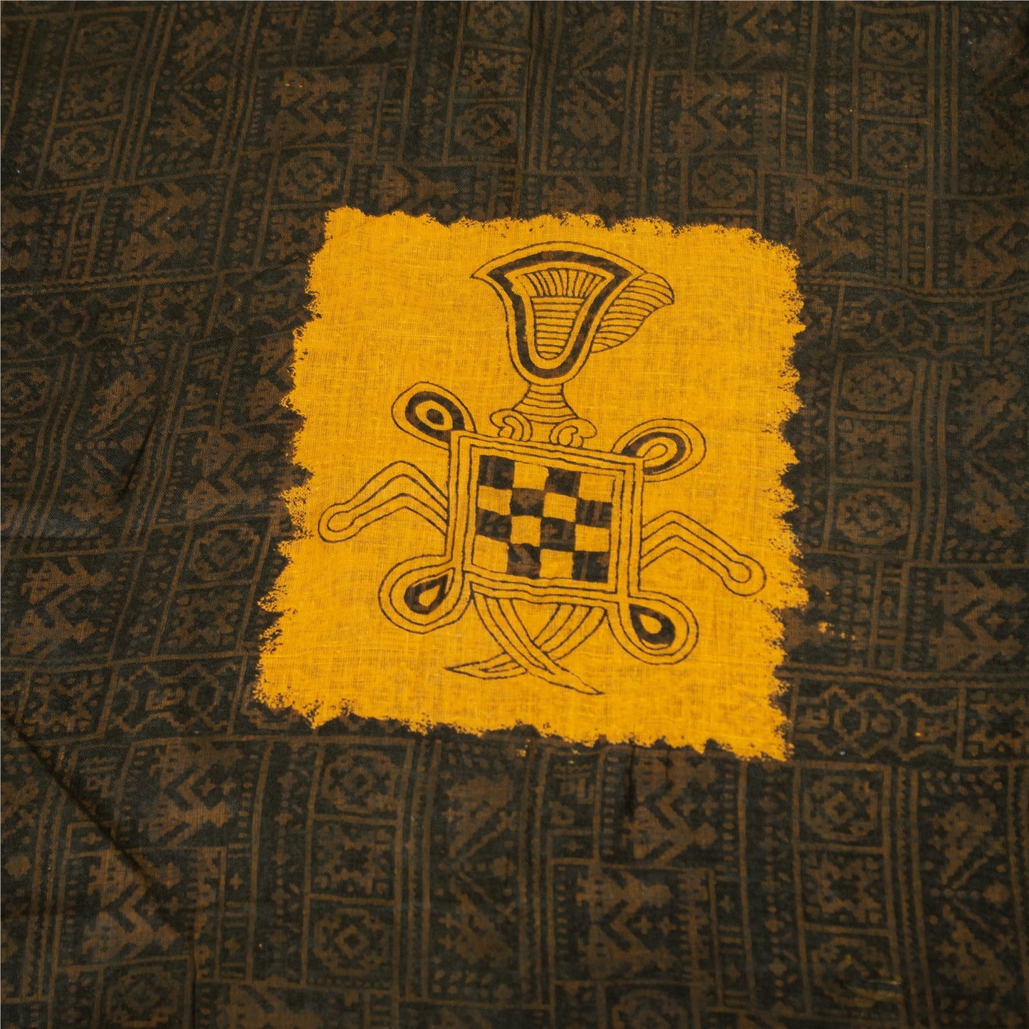 Sanskriti Vintage Sarees Black & Yellow Pure Cotton Print Sari 5+yd Craft Fabric