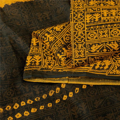Sanskriti Vintage Sarees Black & Yellow Pure Cotton Print Sari 5+yd Craft Fabric