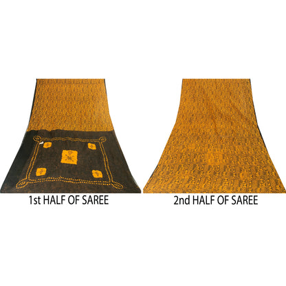 Sanskriti Vintage Sarees Black & Yellow Pure Cotton Print Sari 5+yd Craft Fabric