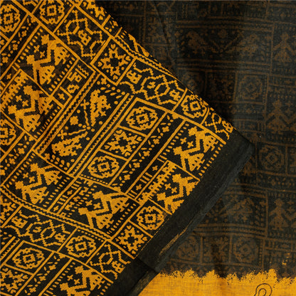 Sanskriti Vintage Sarees Black & Yellow Pure Cotton Print Sari 5+yd Craft Fabric