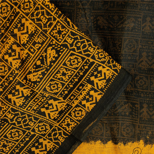 Sanskriti Vintage Sarees Black & Yellow Pure Cotton Print Sari 5+yd Craft Fabric