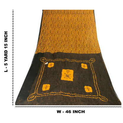 Sanskriti Vintage Sarees Black & Yellow Pure Cotton Print Sari 5+yd Craft Fabric