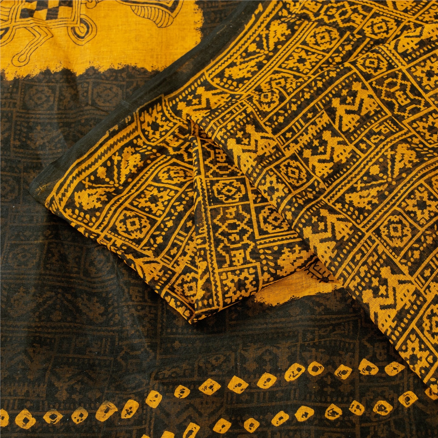 Sanskriti Vintage Sarees Black & Yellow Pure Cotton Print Sari 5+yd Craft Fabric