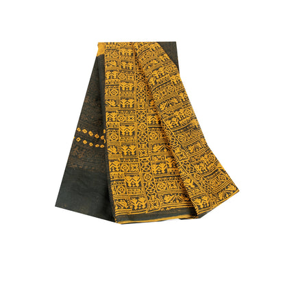 Sanskriti Vintage Sarees Black & Yellow Pure Cotton Print Sari 5+yd Craft Fabric