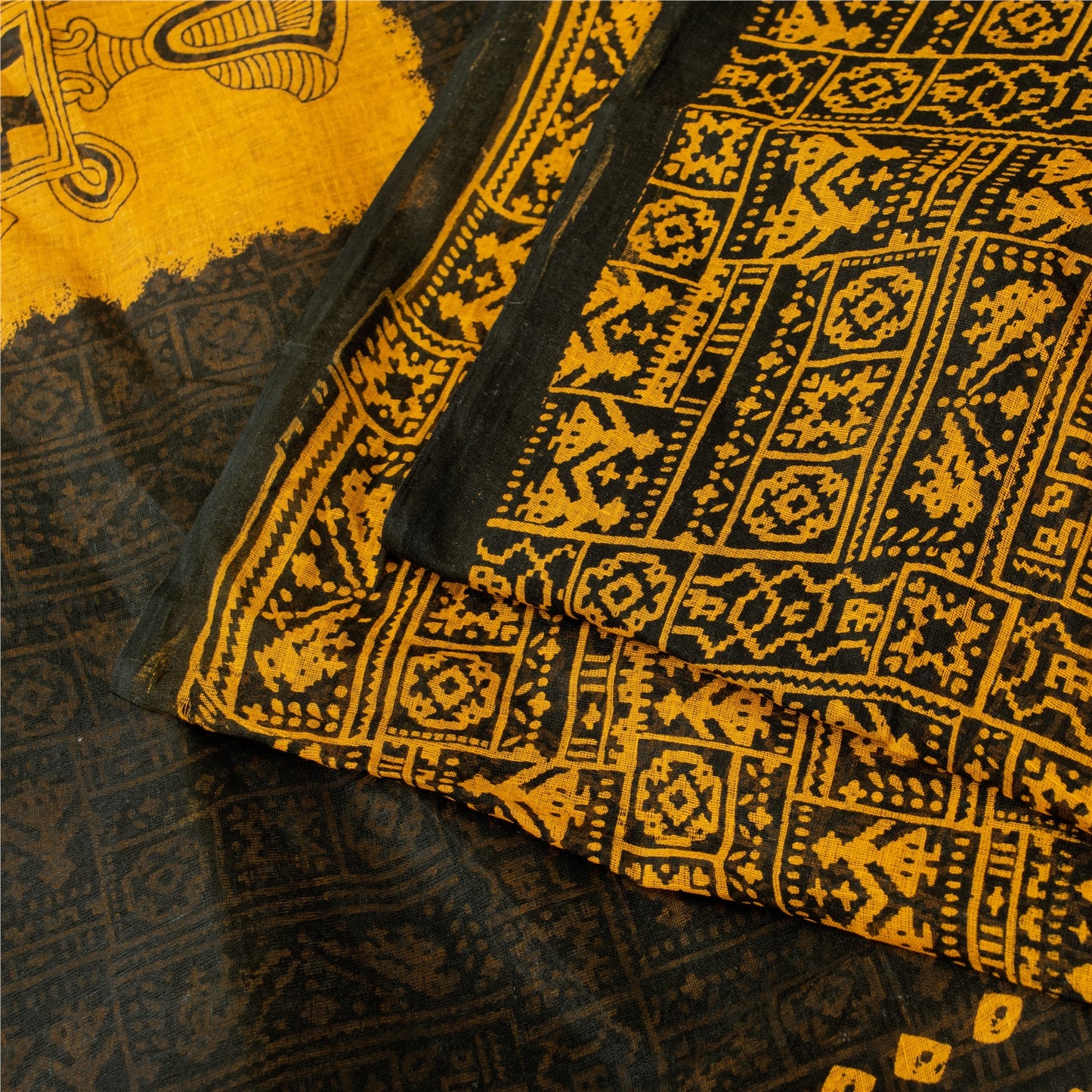Sanskriti Vintage Sarees Black & Yellow Pure Cotton Print Sari 5+yd Craft Fabric
