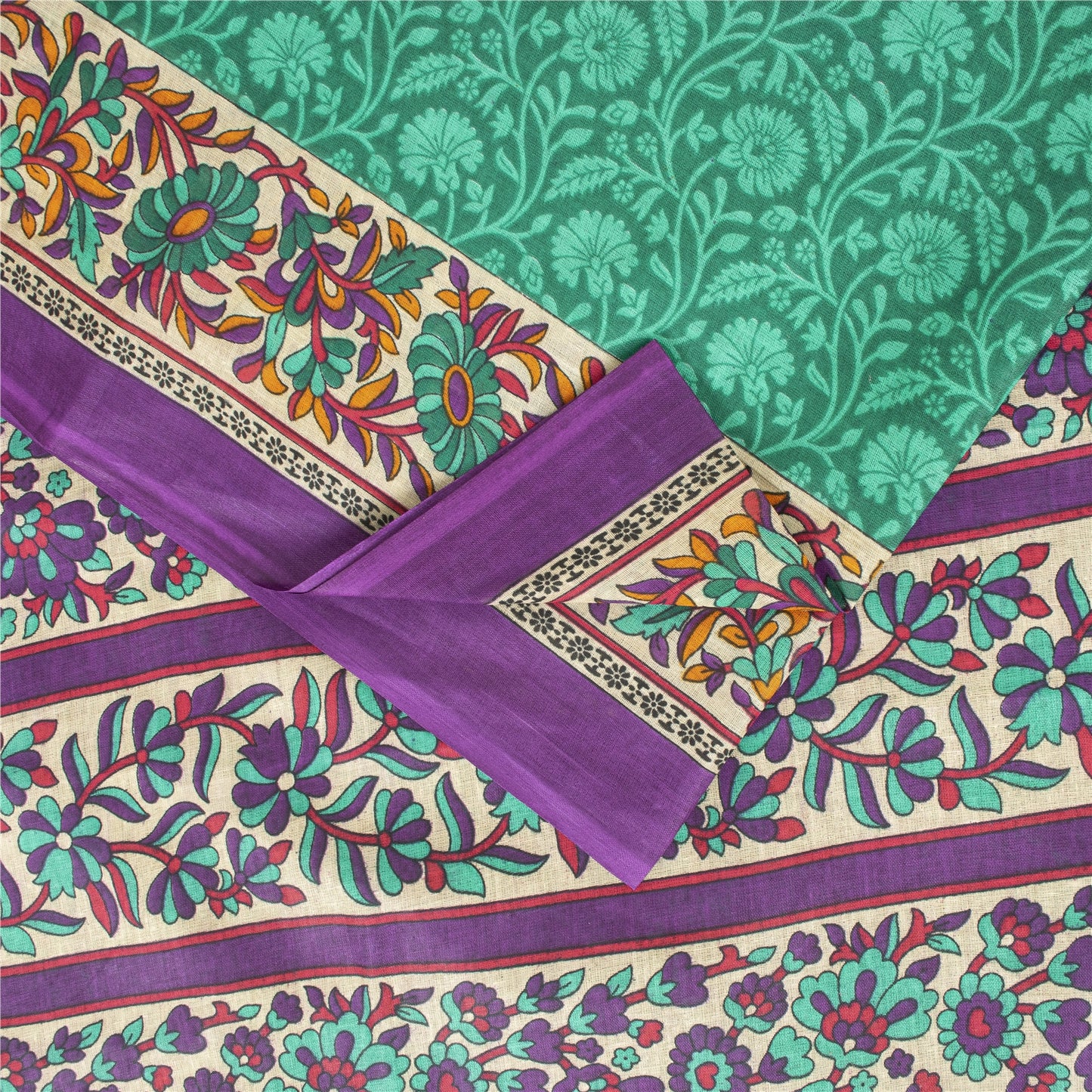 Sanskriti Vintage Sarees Indian Green Pure Cotton Printed Sari 5+yd Craft Fabric