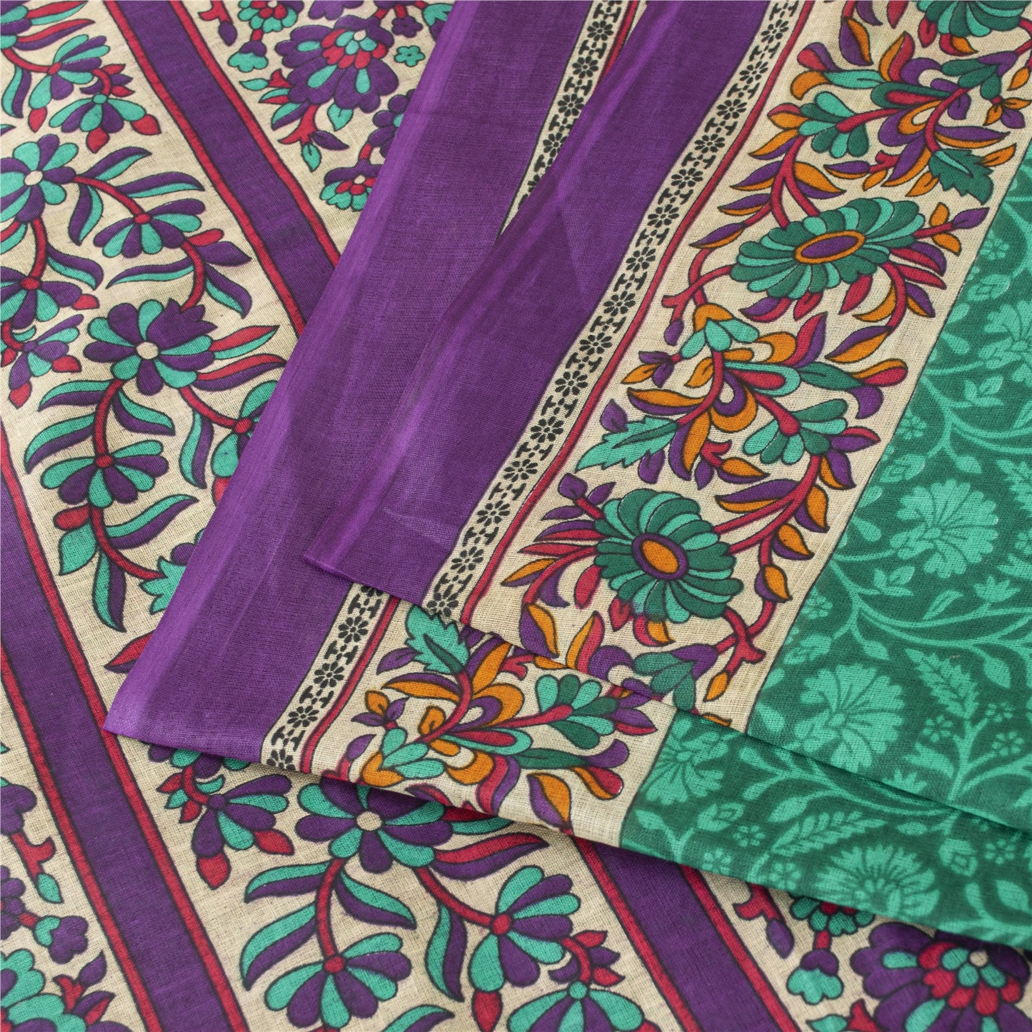 Sanskriti Vintage Sarees Indian Green Pure Cotton Printed Sari 5+yd Craft Fabric