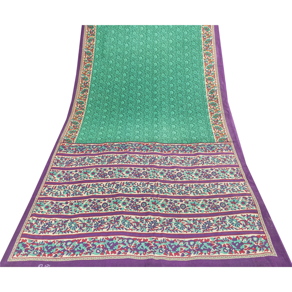 Sanskriti Vintage Sarees Indian Green Pure Cotton Printed Sari 5+yd Craft Fabric