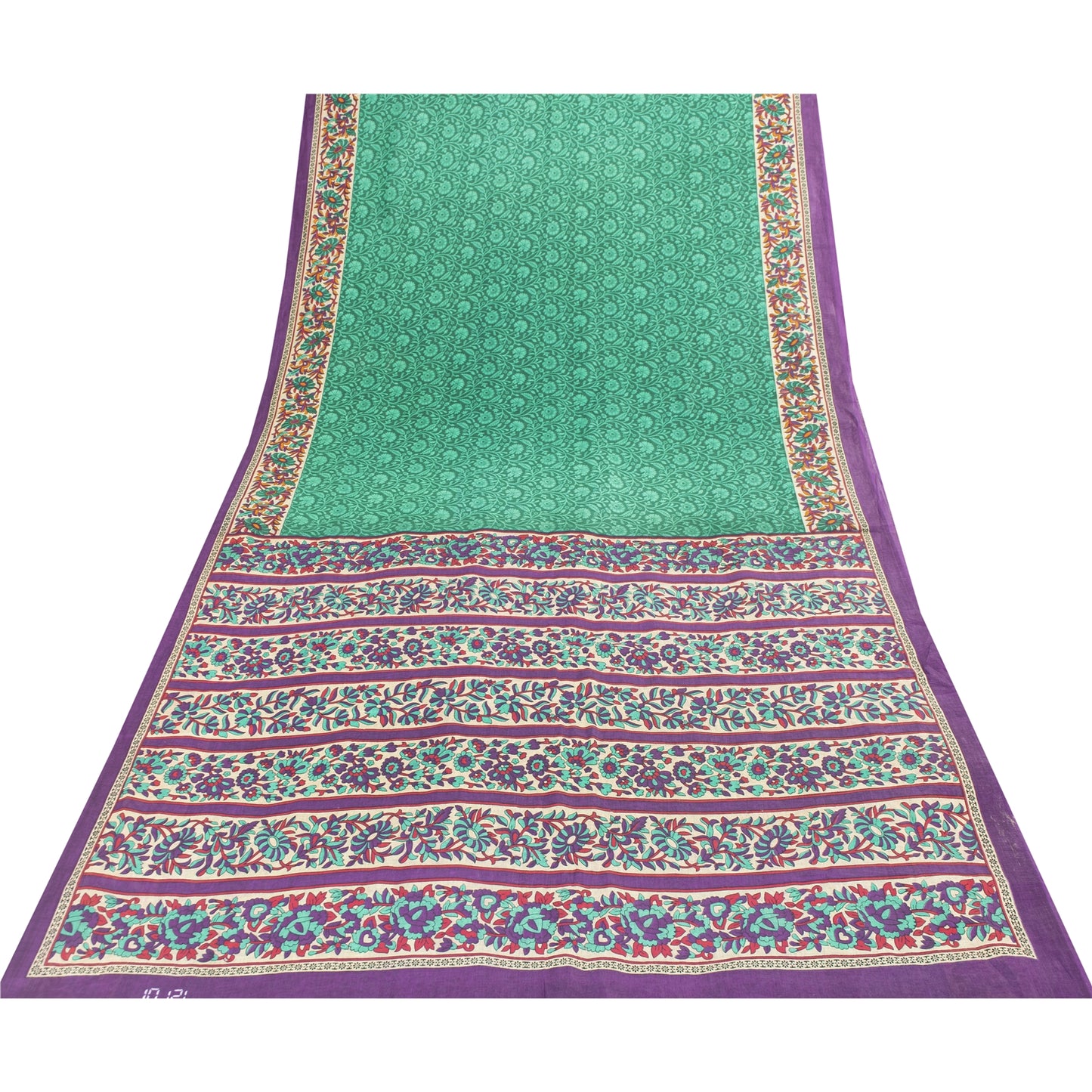 Sanskriti Vintage Sarees Indian Green Pure Cotton Printed Sari 5+yd Craft Fabric