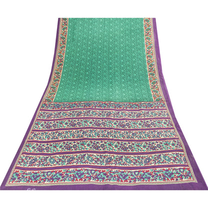 Sanskriti Vintage Sarees Indian Green Pure Cotton Printed Sari 5+yd Craft Fabric