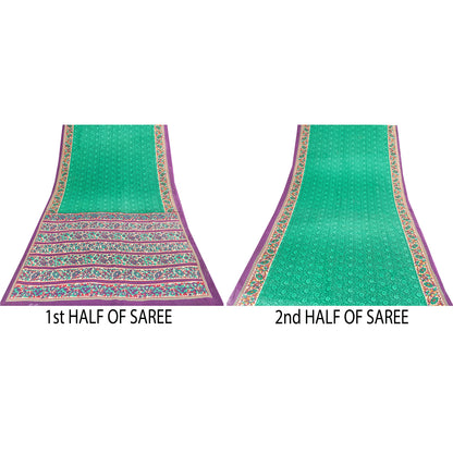Sanskriti Vintage Sarees Indian Green Pure Cotton Printed Sari 5+yd Craft Fabric