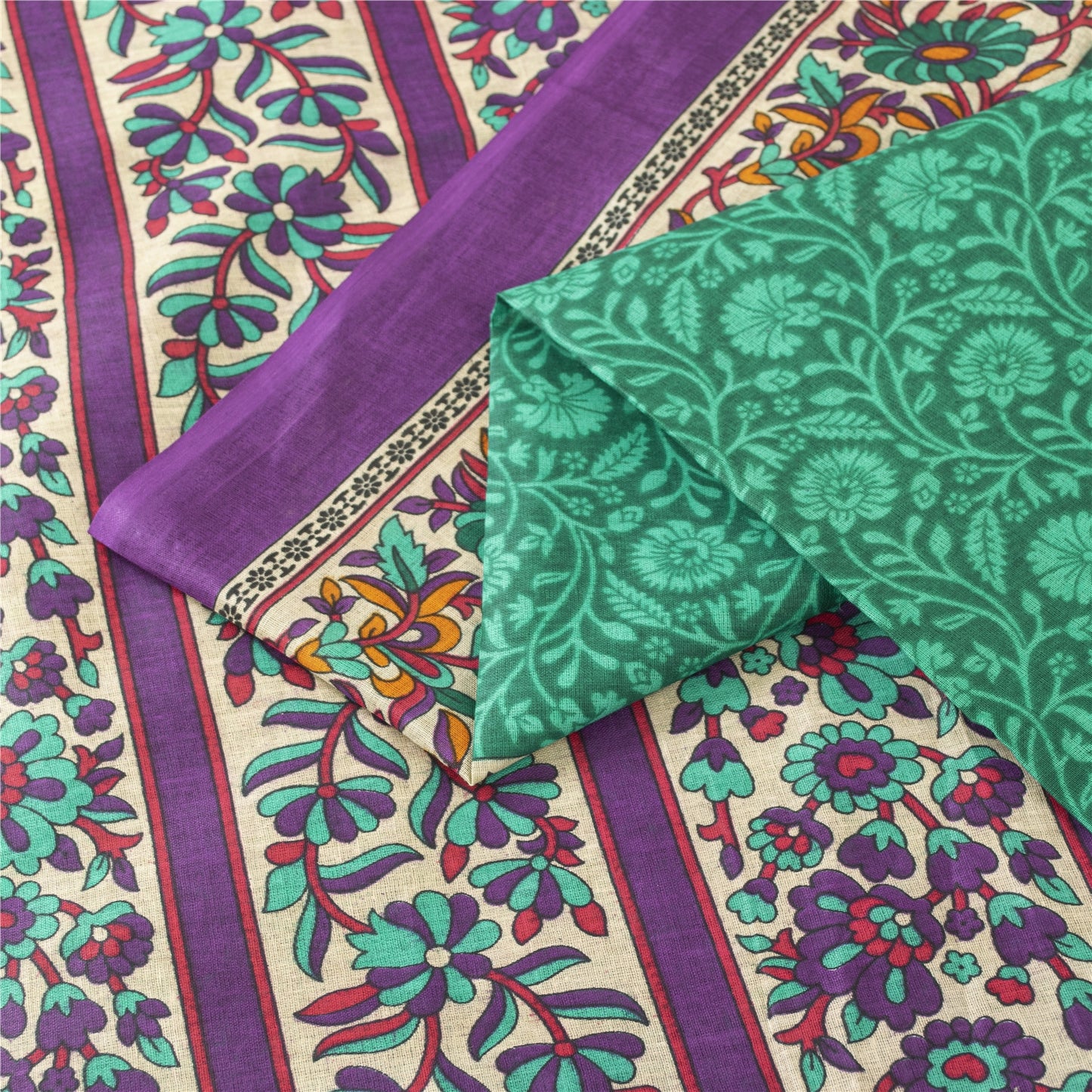 Sanskriti Vintage Sarees Indian Green Pure Cotton Printed Sari 5+yd Craft Fabric